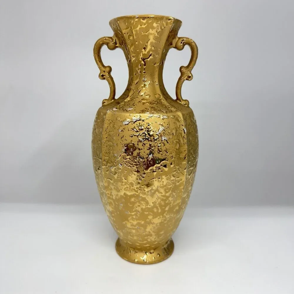 Vtg 1970 Handmade Textured Gold Ceramic Vase Double Handle MCM 10” Signed